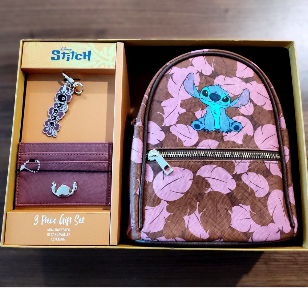 Disney Stitch 3 Piece Gift Set Mini Backpack Card Wallet Keychain Bioworld New